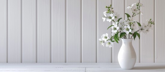 spring flowers in white vase on white wooden background. Copy space image. Place for adding text and design