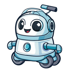 Cute cartoon robot with a cheerful expression and wheels. Perfect for tech, kids, and friendly artificial intelligence concepts.