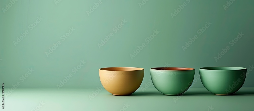 Poster three bowls on a green background. copy space image. place for adding text and design