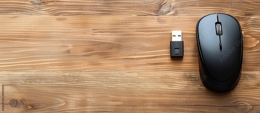 Poster a mouse and a usb extension on a wooden office desk. copy space image. place for adding text and des
