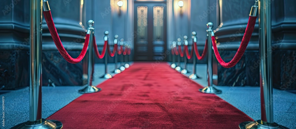 Poster red carpet entrance with barriers and velvet ropes. copy space image. place for adding text and desi