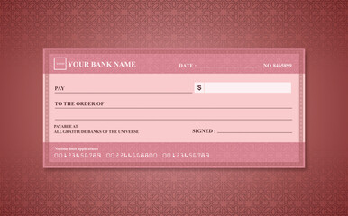 Blank bank check. Checkbook cheque template. Checkbook cheque template with red theme. Money payment voucher or pay cash cheque certificate.