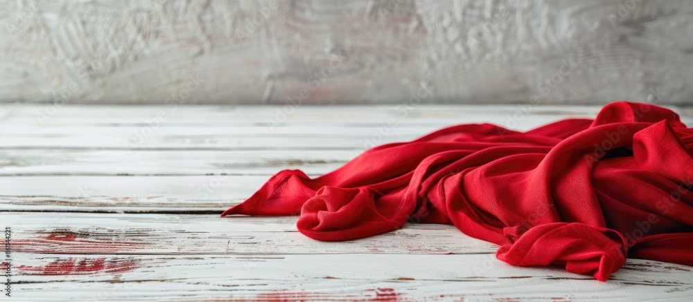 Poster red folded tablecloth over bleached wooden table. copy space image. place for adding text or design