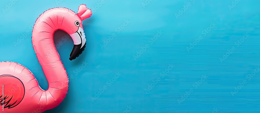 Poster inflatable pink flamingo on blue background, pool party, summer concept. summer background with copy