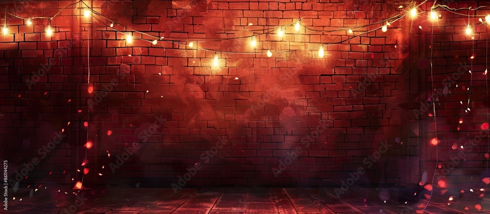 Poster drawing of a brick wall and fairy lights hanged in front to make it look beautiful . copy space imag