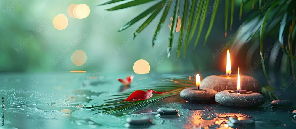 Poster burning candles and spa stones with palm leaf on table against blurred green background, space for t