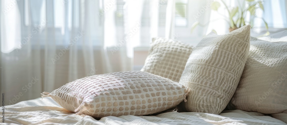 Poster u shaped pillows on the patterned cushion, natural light background. copy space image. place for add