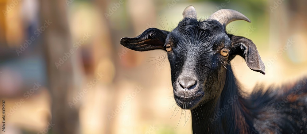 Poster close up the black goat in the farm pastel background. copy space image. place for adding text and d
