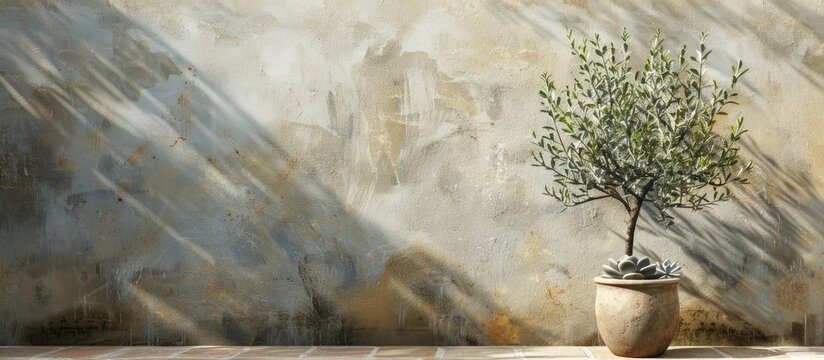 A potted olive tree and succulents in a corner. Copy space image. Place for adding text and design