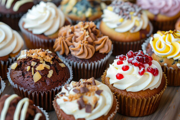 An assortment of gourmet cupcakes with various toppings and decorative frosting arranged in rows