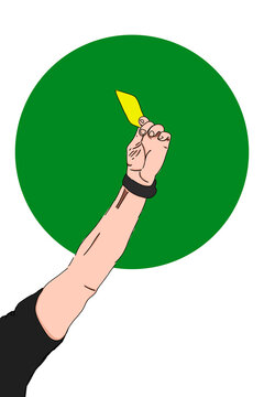 Illustration of hand of referee showing yellow card against green circle