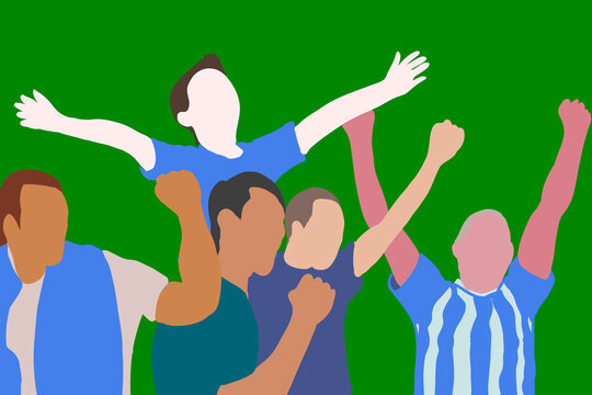 Group of soccer fans celebrating against green background