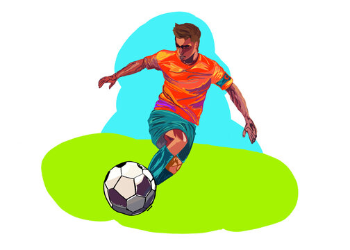 Illustration of man kicking soccer ball against colored background