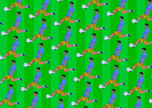 Repetition of soccer player kicking ball against green striped background