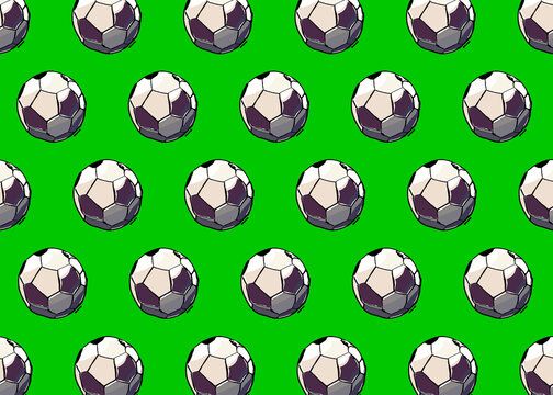 Seamless pattern of soccer balls against green background