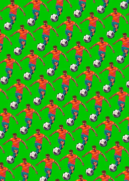 Repetition of soccer player kicking ball against green background