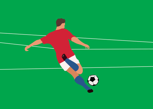Illustration of man kicking soccer ball against green background