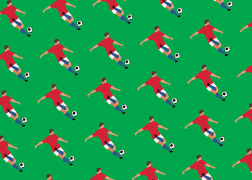 Repetition of man kicking soccer ball against green background