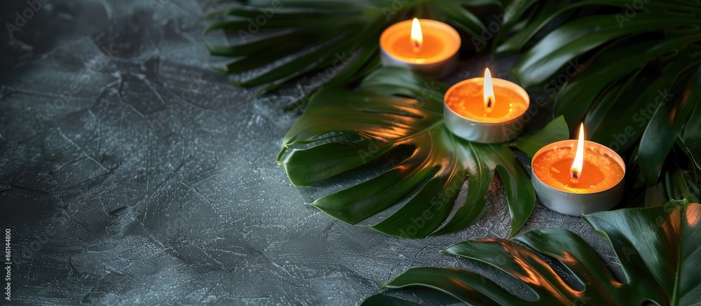 Poster burning wax candles and tropic leaf on table. copy space image. place for adding text and design