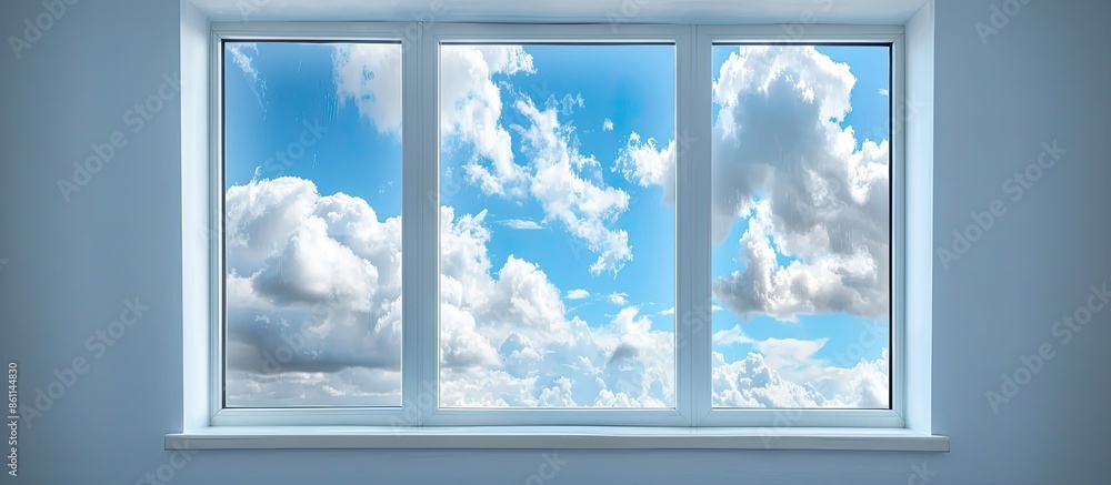Poster white window in summer cloudy blue sky. like window to heaven or paradise. copy space image. place f