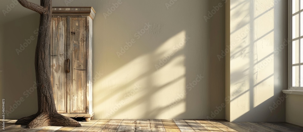 Poster wooden cupboard standing by a tree trunk in an empty room interior. copy space image. place for addi