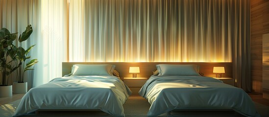 A hotel room, bedroom with two beds, curtain, lighting front view at the day in holiday. Copy space image. Place for adding text and design