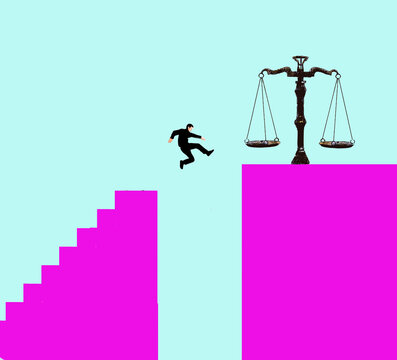 Illustration of man jumping over large ravine towards justice scale against blue background