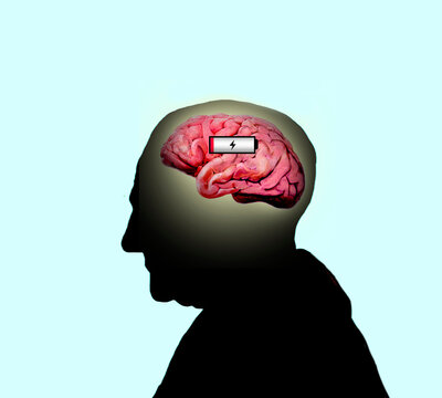 Illustration of elderly man with low battery symbol on brain