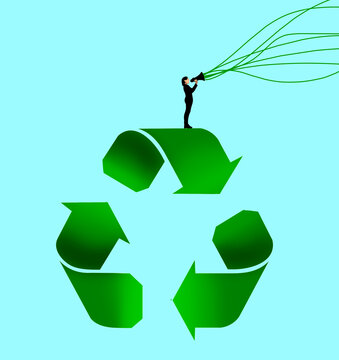 Illustration of woman with megaphone on recycle symbol