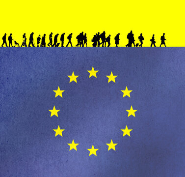 Illustration of silhouette refugees walking in line over European flag