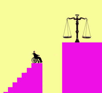 Illustration of man in wheelchair looking towards justice scale against yellow background
