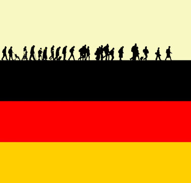 Illustration of immigrants walking on top of German flag
