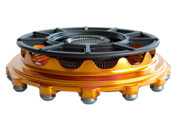 A circular stove top with a gold base and black top with rotating blades on a transparent background
