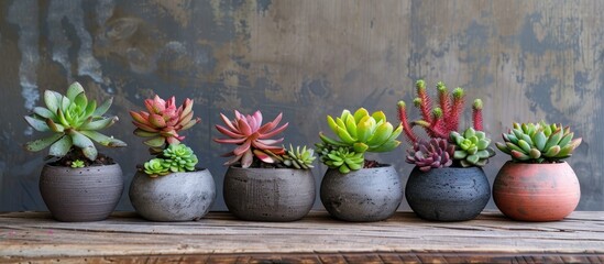 To view of florarium vase with succulent plants in a concrete pots over wooden table. Small garden with miniature and decorative plants. Home indoor plants. Copy space image