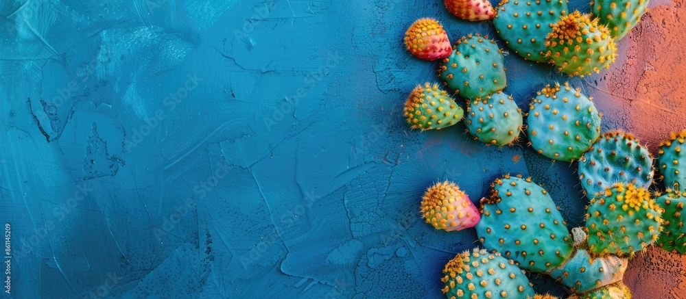 Poster small decorative cactus,beautiful cactus,multi-colored cactus shot near. copy space image. place for