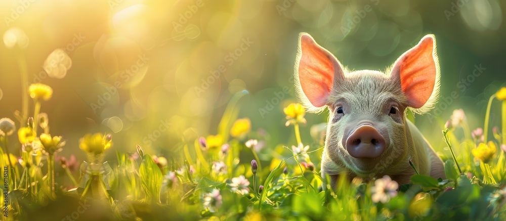 Aufkleber cute piglet on the meadow. copy space image. place for adding text or design