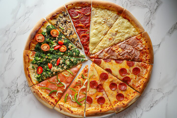 A large pizza with slices of different flavors and toppings including pepperoni, vegetables, and cheese
