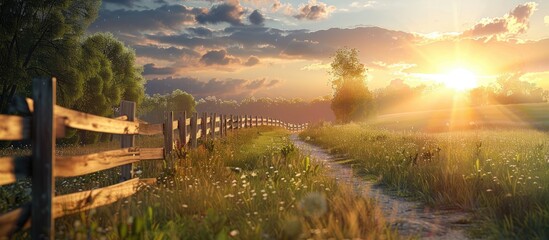 Obraz premium Rural country farm ranch grass road with three board wood fences under sunset or sunrise sunbeams with lens flare looking romantic divine heavenly mysterious warm serene transcendent