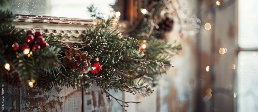 Poster a rustic mirror is decorated with a christmas garland. copy space image. place for adding text and d