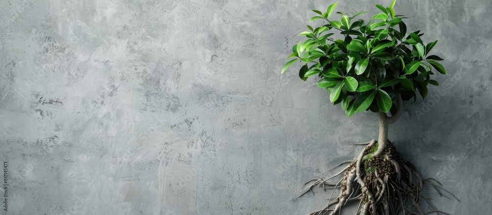 Poster green plant with large roots in a pot on a gray wall. copy space image. place for adding text and de