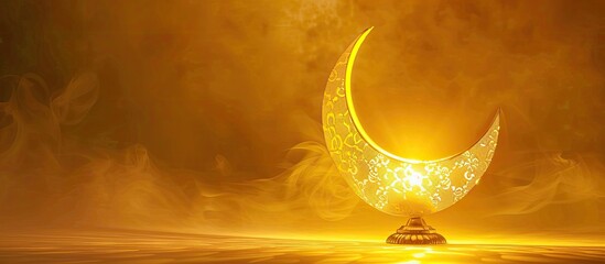 Islamic concept image, Yellow lantern lamp with crescent moon shape. Copy space image. Place for adding text and design