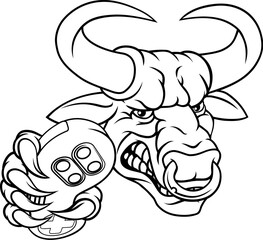 A bull or Minotaur monster longhorn cow angry mean video game gamer mascot cartoon character.