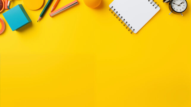 Yellow Desk With Notebook, Pencils, And Alarm Clock - Powered by Adobe