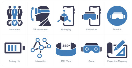 A set of 10 Virtual Reality icons as consumers, vr movements, 3d display