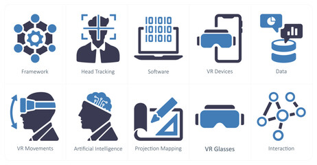 A set of 10 Virtual Reality icons as framework, head tracking, software