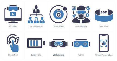 A set of 10 Virtual Reality icons as 3d video, social network, camera 360