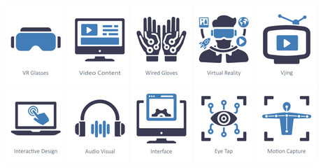 A set of 10 Virtual Reality icons as vr glasses, video content, wired glasses