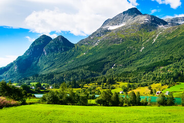 Norway mountain village and fjord landscape