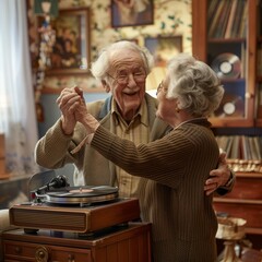 Elderly couple dancing in the living room, vintage record player, old vinyl records, joyful expressions, reliving youthful moments