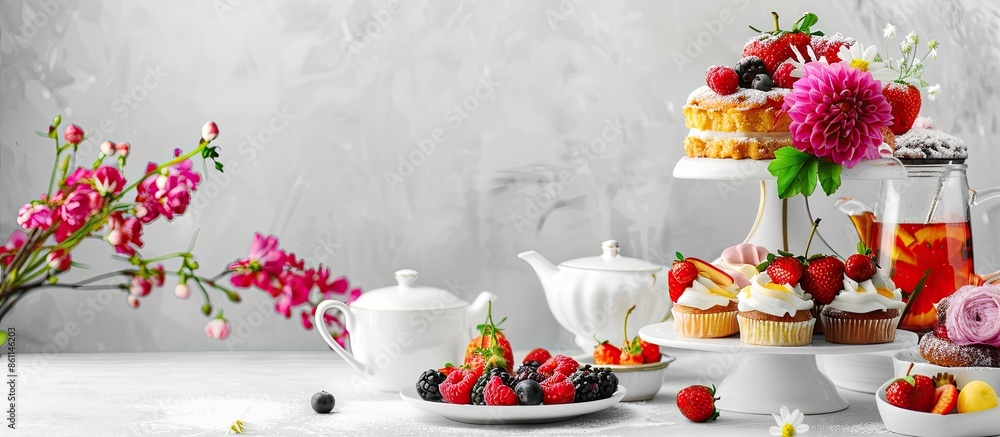 Poster tea with cakes, fruits and flowers on a white table. copy space image. place for adding text and des